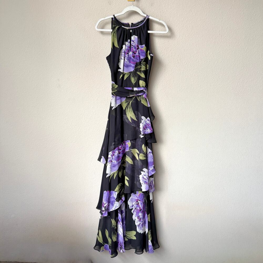 Alex Marie Black Purple Floral Tiered Formal Gown Size 2 - Picture 2 of 5